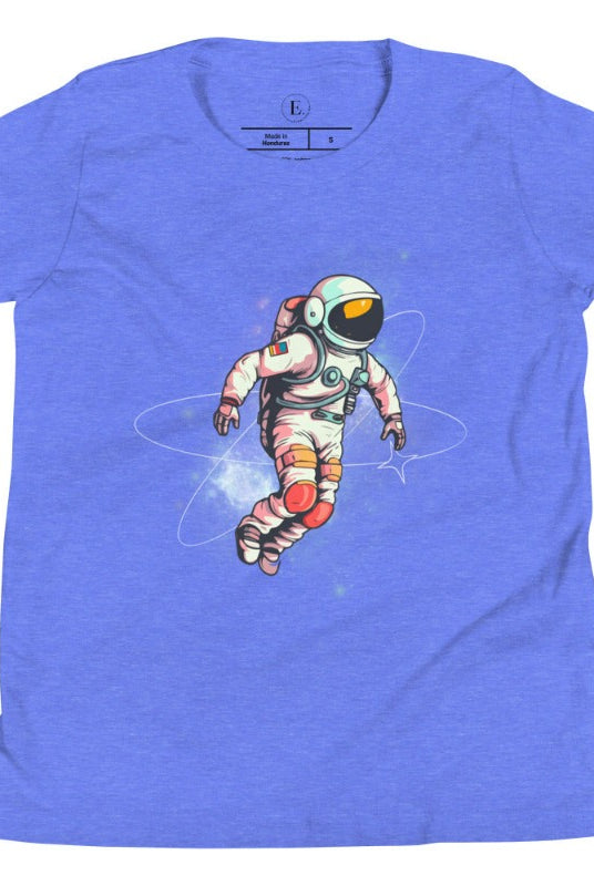 Embark on an intergalactic adventure with our captivating kids' shirt! Featuring a whimsical design of an astronaut floating in space on a heather columbia blue shirt. 