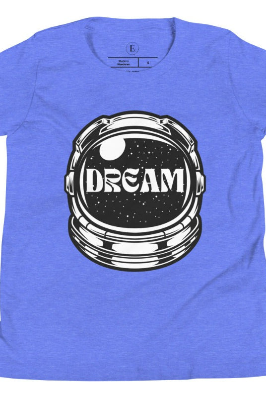 Inspire your little space explorer with our astronaut helmet tee featuring the word 'dream' on the visor on a heather columbia blue shirt. 