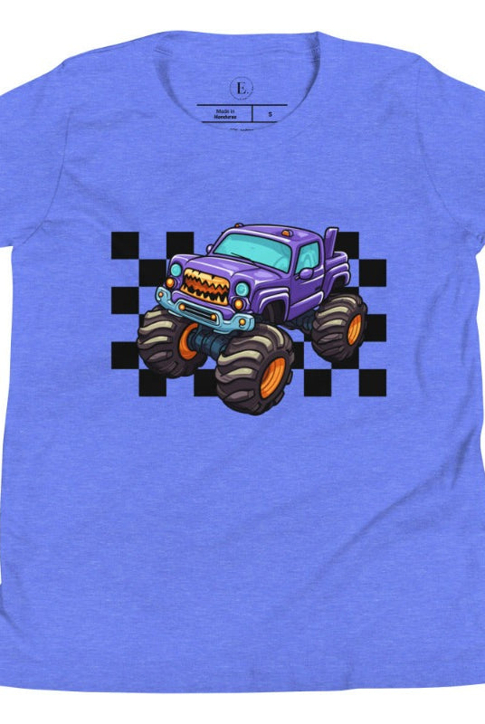 Rev up the excitement with our kids' shirt featuring a monster truck design! This tee is perfect for little adrenaline junkies and fans of big wheels on a heather columbia blue shirt. 