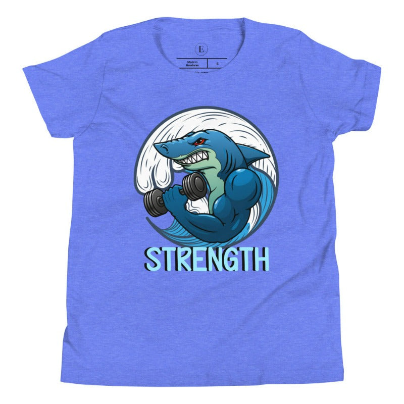 Dive into strength and style with our kids' shirt. Featuring a shark lifting weights with the empowering word 'strength' underneath on a heather columbia blue shirt. 