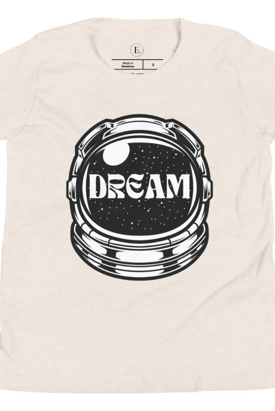 Inspire your little space explorer with our astronaut helmet tee featuring the word 'dream' on the visor on a heather dust colored shirt. 