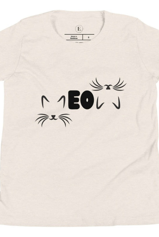 Purr-fectly adorable! Our kids' shirt features the word 'meow' creatively designed with cat ears for the M and upside-down cat ears for the W on a heather dust colored shirt. 