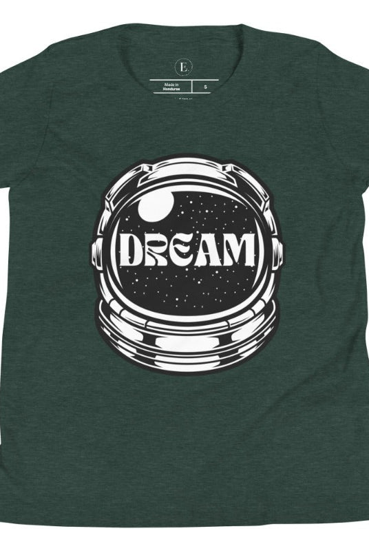Inspire your little space explorer with our astronaut helmet tee featuring the word 'dream' on the visor on a heather forest green shirt. 