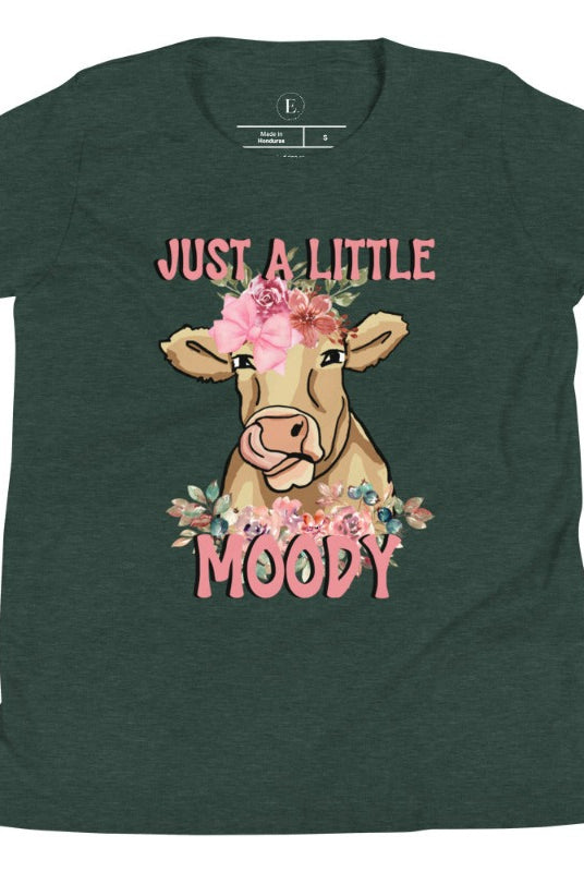 Our kid's shirt features an adorable highland cow with flowers and the quote 'Just a Little Moody,' adding humor and personality to the design on a heather forest green shirt. 