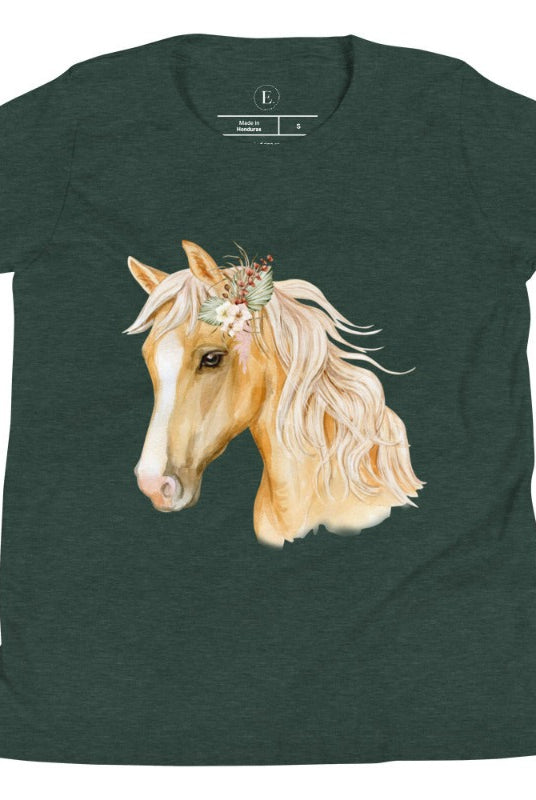 Embrace the equestrian vibe with our kids' shirt which features a majestic horse head adorned with a beautiful floral arrangement on its mane on a white shirt on a heather forest green shirt. 