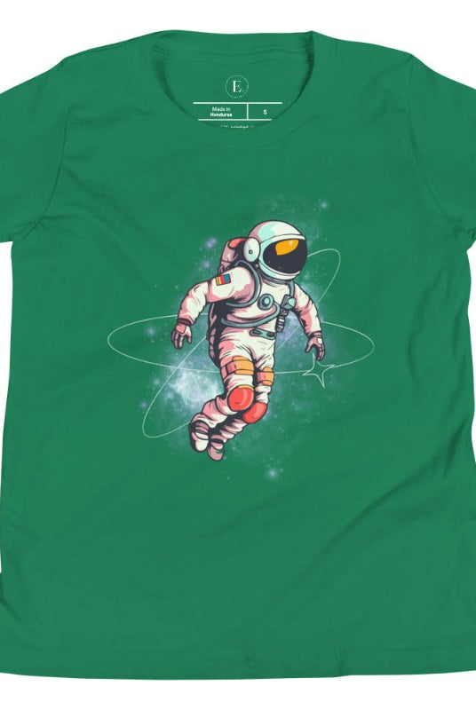 Embark on an intergalactic adventure with our captivating kids' shirt! Featuring a whimsical design of an astronaut floating in space on a kelly green shirt. 
