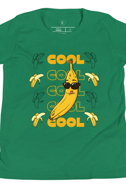 Our kids' shirt is the perfect mix of fun and style, sure to make your little one stand out. It features the word "cool" repeated four times in four rows, topped off with a banana wearing sunglasses on a kelly green shirt. 
