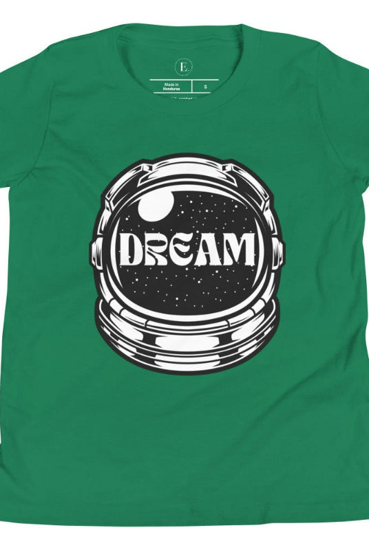 Inspire your little space explorer with our astronaut helmet tee featuring the word 'dream' on the visor on a kelly green shirt. 