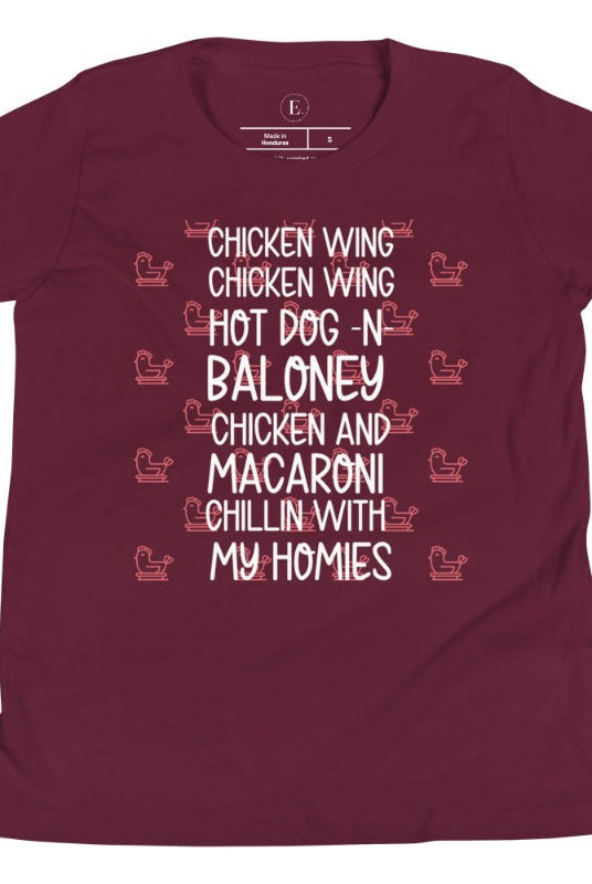 Get ready to groove with our kids' shirt that's all about the chicken wing craze! Featuring the lively lyrics to the popular "chicken Wing, Chicken Wing" song on a maroon shirt. 