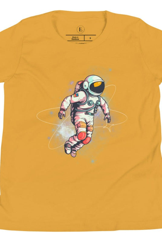 Embark on an intergalactic adventure with our captivating kids' shirt! Featuring a whimsical design of an astronaut floating in space on a mustard colored shirt. 