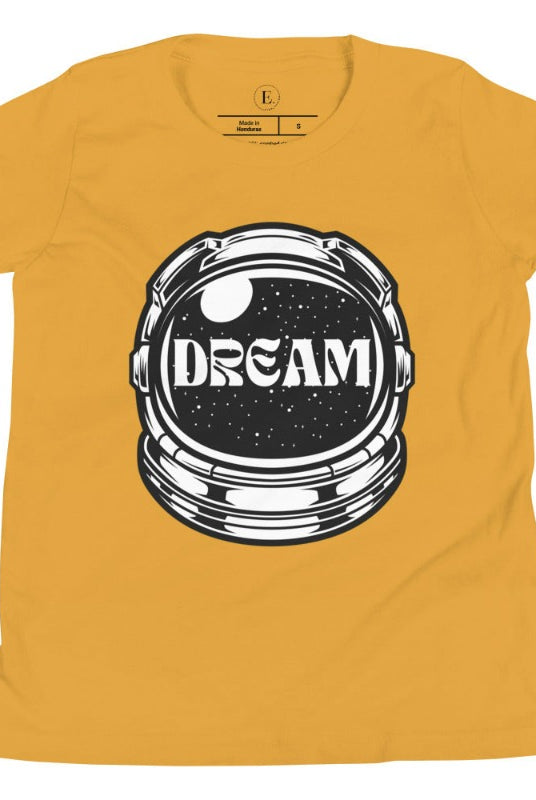 Inspire your little space explorer with our astronaut helmet tee featuring the word 'dream' on the visor on a mustard colored shirt. 