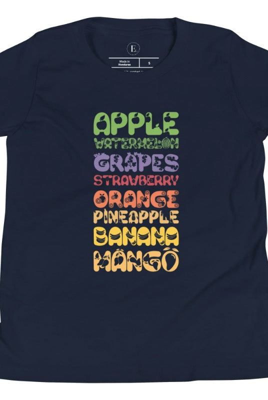 Our kid's shirt adds a burst of fruit fun! It features a colorful list of fruits, promoting healthy eating playfully on a navy shirt. 