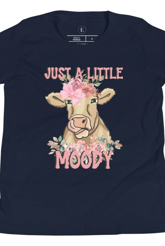 Our kid's shirt features an adorable highland cow with flowers and the quote 'Just a Little Moody,' adding humor and personality to the design on a navy shirt. 