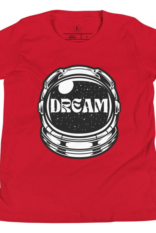 Inspire your little space explorer with our astronaut helmet tee featuring the word 'dream' on the visor on a red shirt. 
