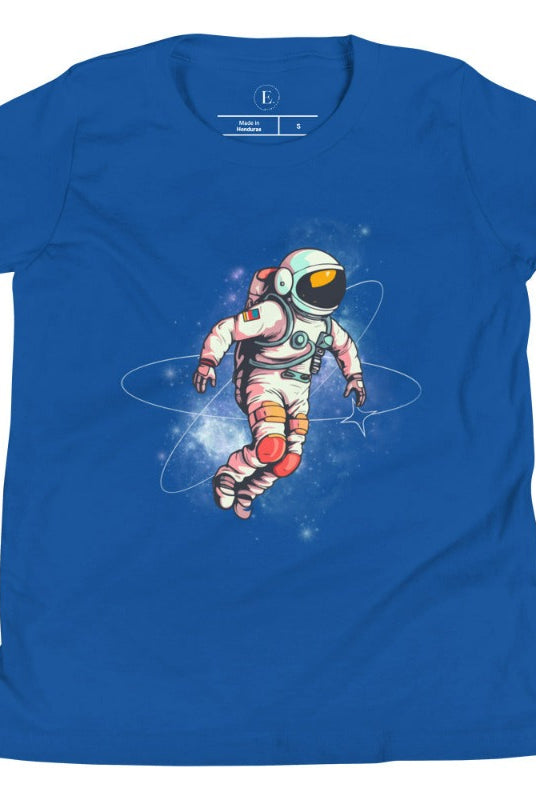 Embark on an intergalactic adventure with our captivating kids' shirt! Featuring a whimsical design of an astronaut floating in space on a true royal blue shirt. 