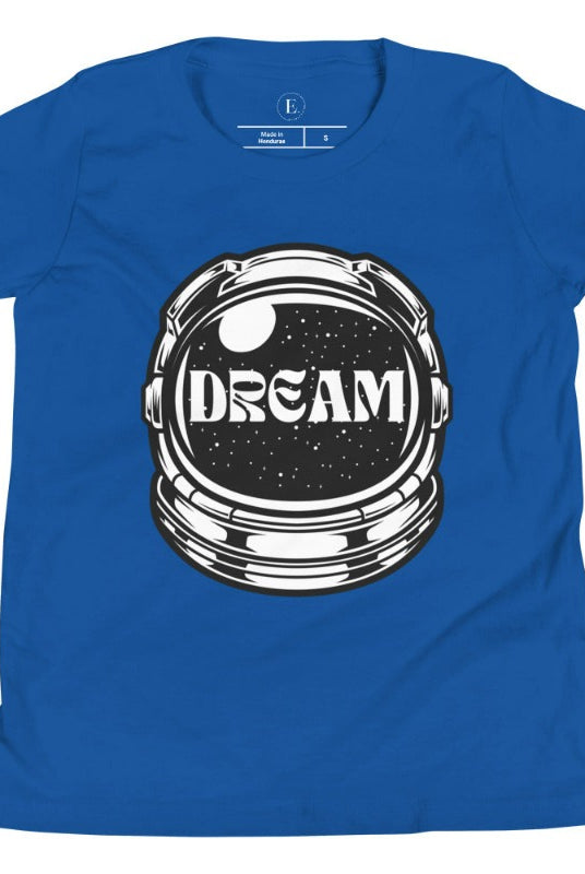 Inspire your little space explorer with our astronaut helmet tee featuring the word 'dream' on the visor on a true royal blue shirt. 