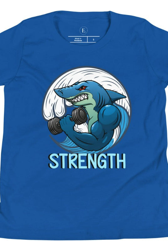 Dive into strength and style with our kids' shirt. Featuring a shark lifting weights with the empowering word 'strength' underneath on a true royal blue shirt. 