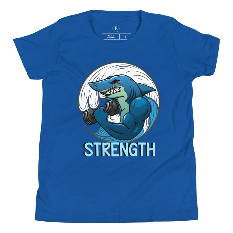 Dive into strength and style with our kids' shirt. Featuring a shark lifting weights with the empowering word 'strength' underneath on a true royal blue shirt. 