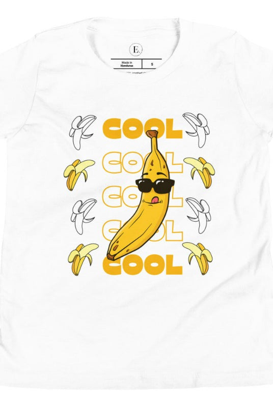 Our kids' shirt is the perfect mix of fun and style, sure to make your little one stand out. It features the word "cool" repeated four times in four rows, topped off with a banana wearing sunglasses on a white shirt. 