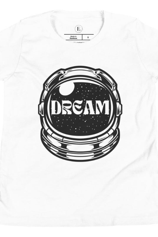Inspire your little space explorer with our astronaut helmet tee featuring the word 'dream' on the visor on a white shirt. 
