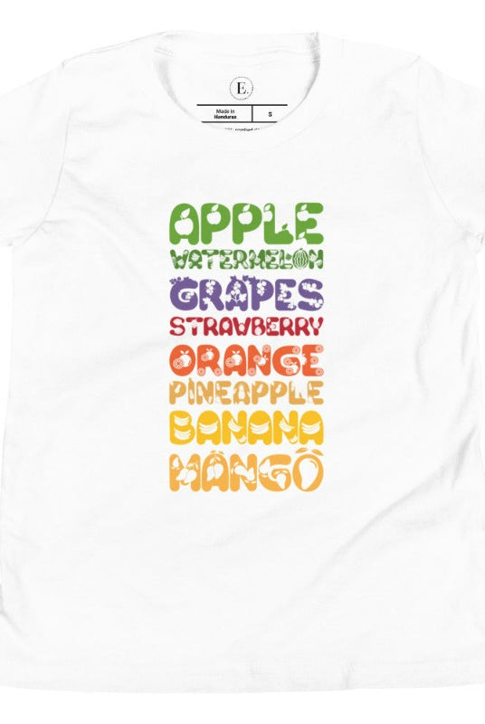 Our kid's shirt adds a burst of fruit fun! It features a colorful list of fruits, promoting healthy eating playfully on a white shirt. 