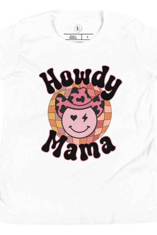 Yeehaw! Get ready to ride into style with our kids' shirt featuring a checkered ball with a winking smiley face, a lightning bolt, and a cowboy hat. With the playful saying 'Howdy Mama,' it's a fun and expressive choice on a white shirt. 