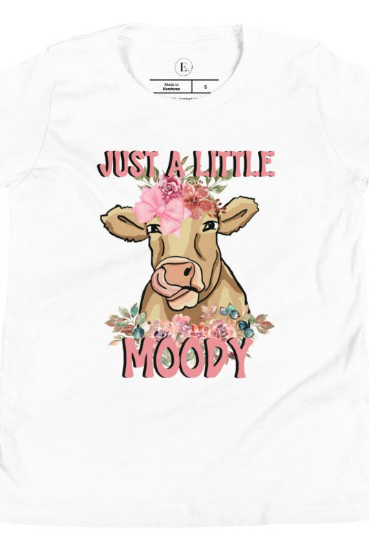 Our kid's shirt features an adorable highland cow with flowers and the quote 'Just a Little Moody,' adding humor and personality to the design on a white shirt. 