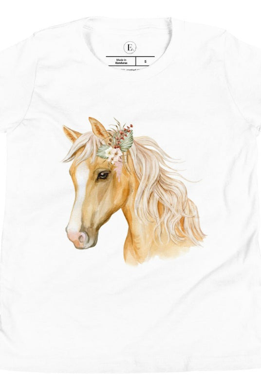 Embrace the equestrian vibe with our kids' shirt which features a majestic horse head adorned with a beautiful floral arrangement on its mane on a white shirt on a white shirt. 