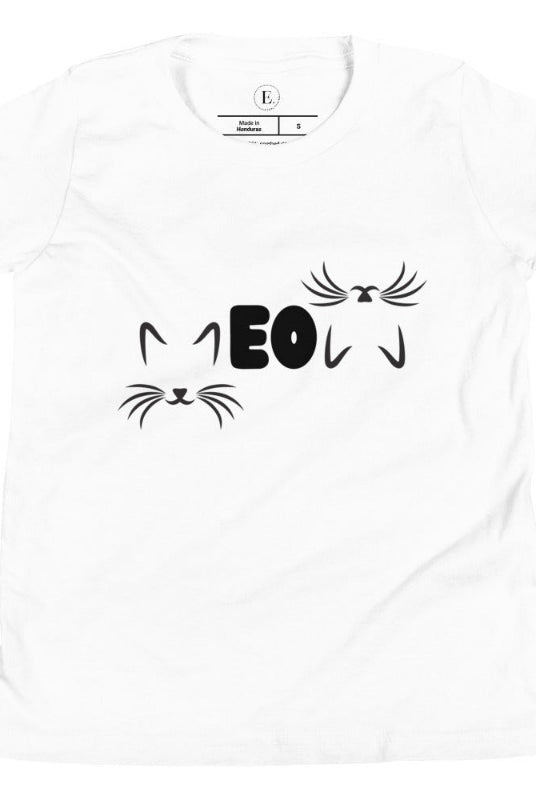 Purr-fectly adorable! Our kids' shirt features the word 'meow' creatively designed with cat ears for the M and upside-down cat ears for the W on a white shirt. 