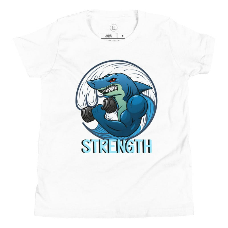 Dive into strength and style with our kids' shirt. Featuring a shark lifting weights with the empowering word 'strength' underneath on a white shirt. 