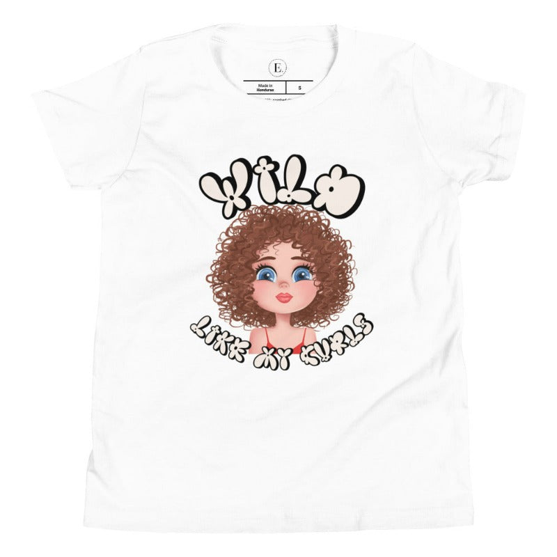 Embrace the beauty of wild curls with our kids' shirt. Featuring an adorable girl with curly hair and the empowering saying ' Wild Like My Curls,' on a white shirt. 